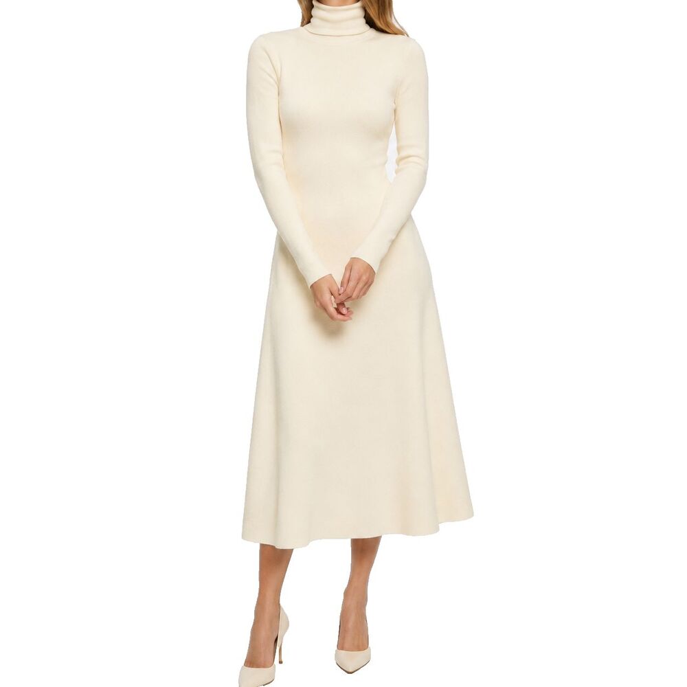 Zara Womens Large Cream Ribbed Knit Midi Sweater Dress Turtleneck Long Sleeve